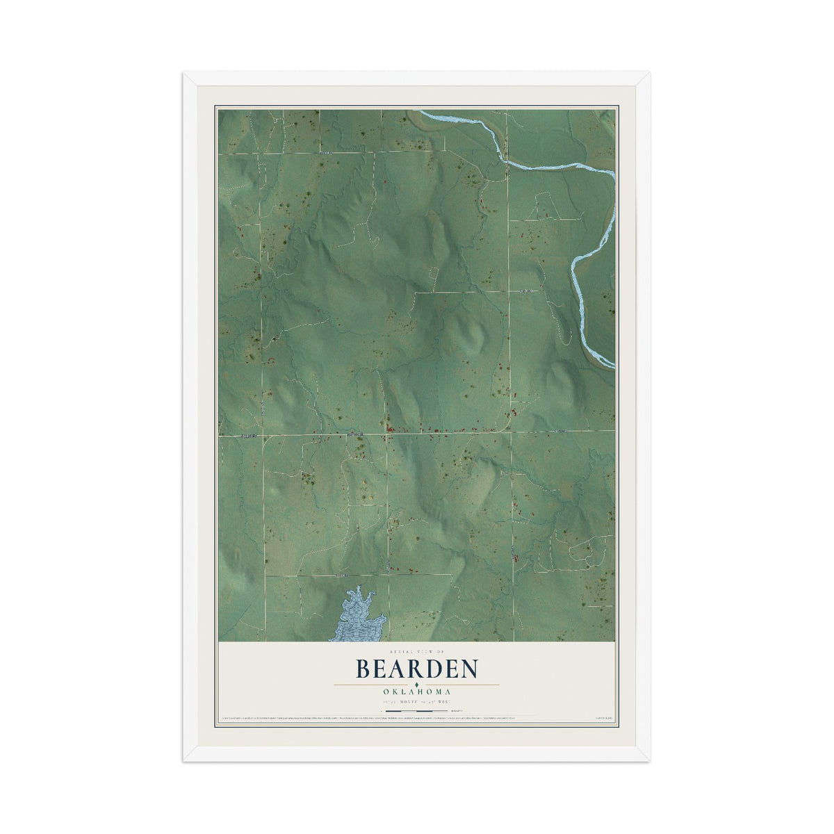 Map of Bearden, Oklahoma, 12 x 18 inch print in a white wood frame