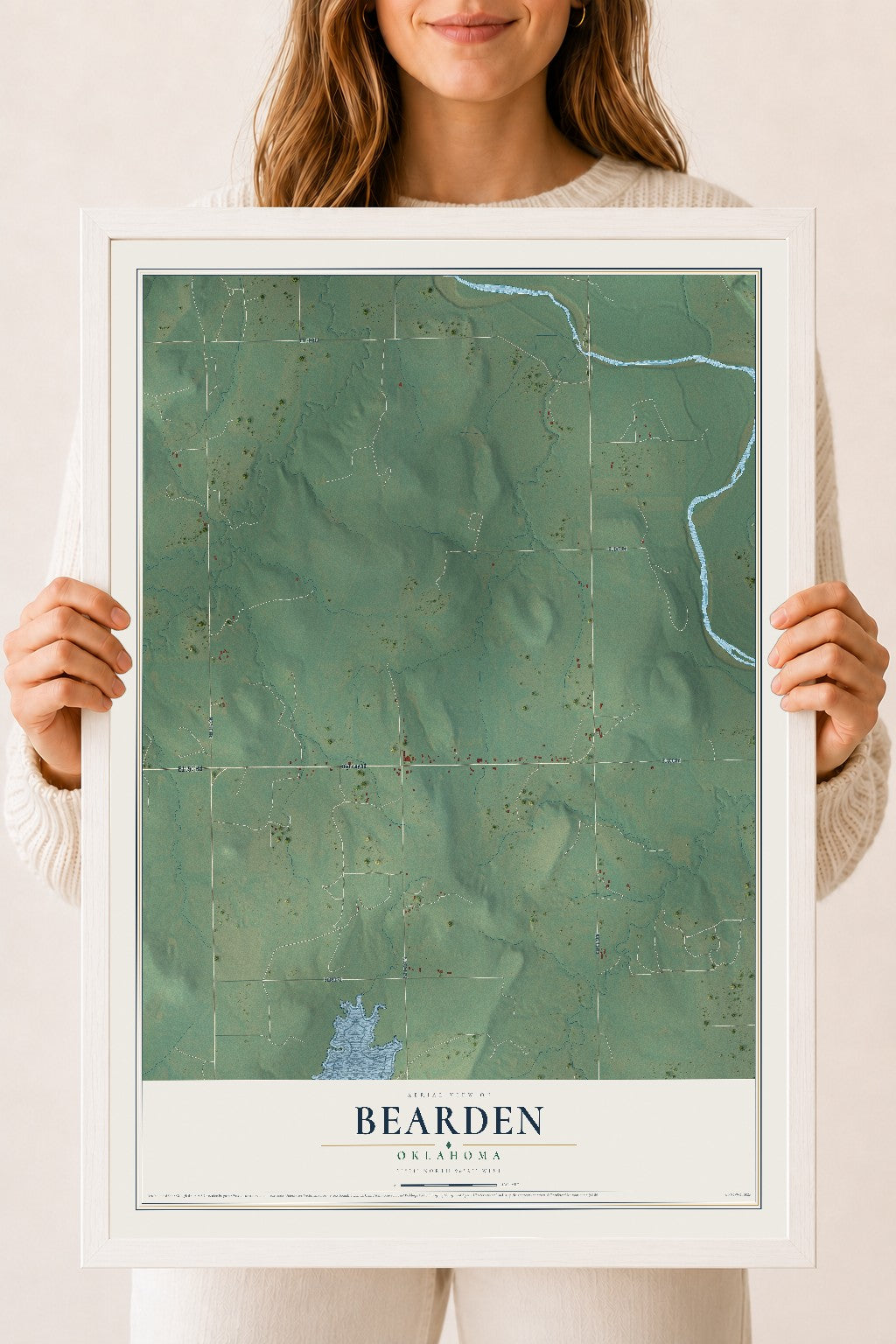 Map of Bearden, Oklahoma, 18 x 24 inch print in a white wood frame