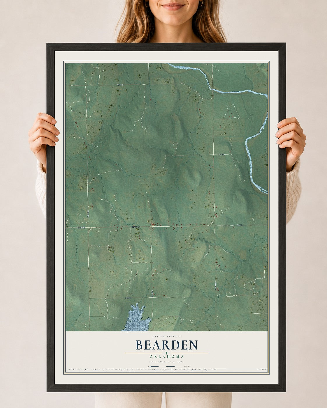 Map of Bearden, Oklahoma, 24 x 36 inch print in a black wood frame