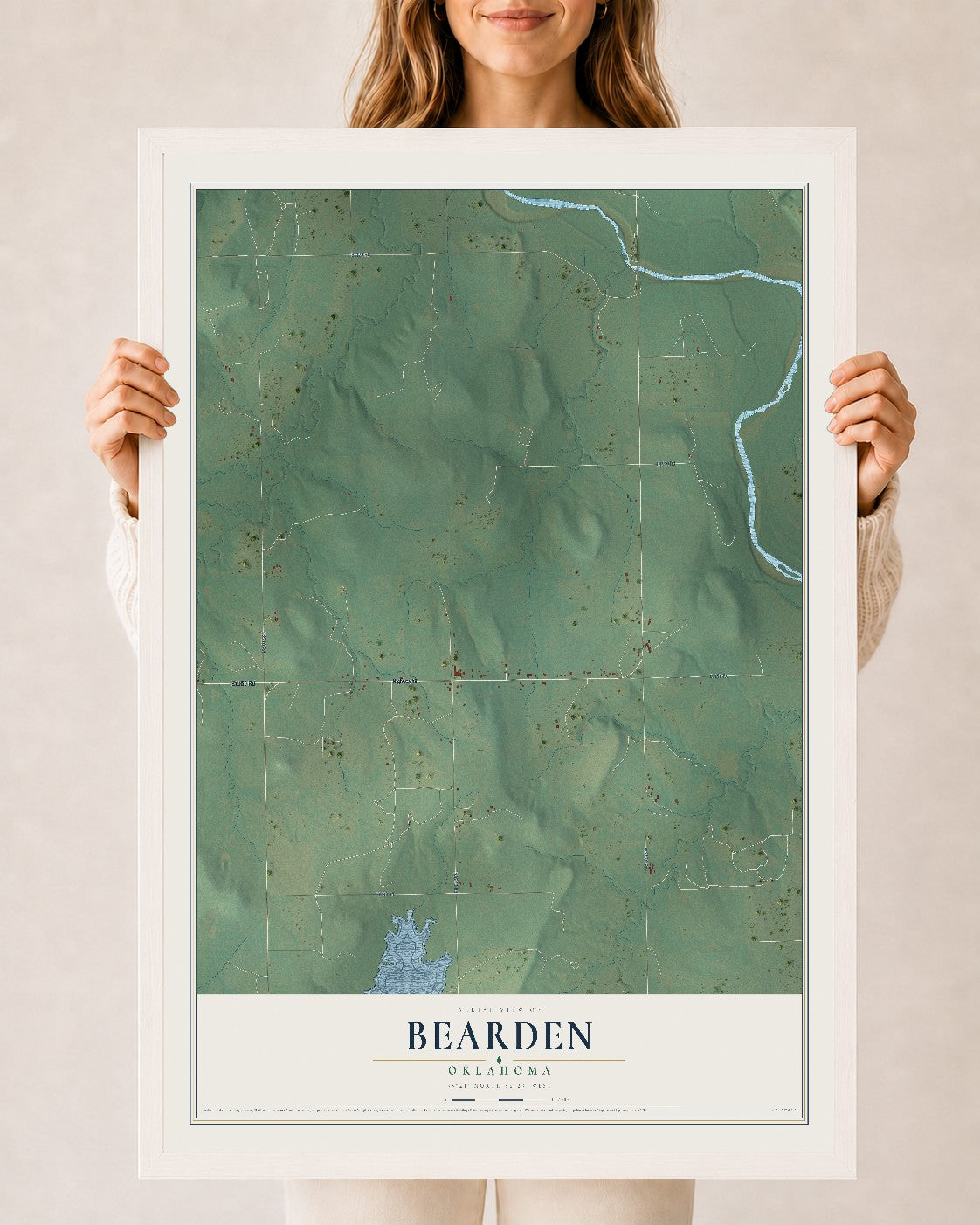 Map of Bearden, Oklahoma, 24 x 36 inch print in a white wood frame