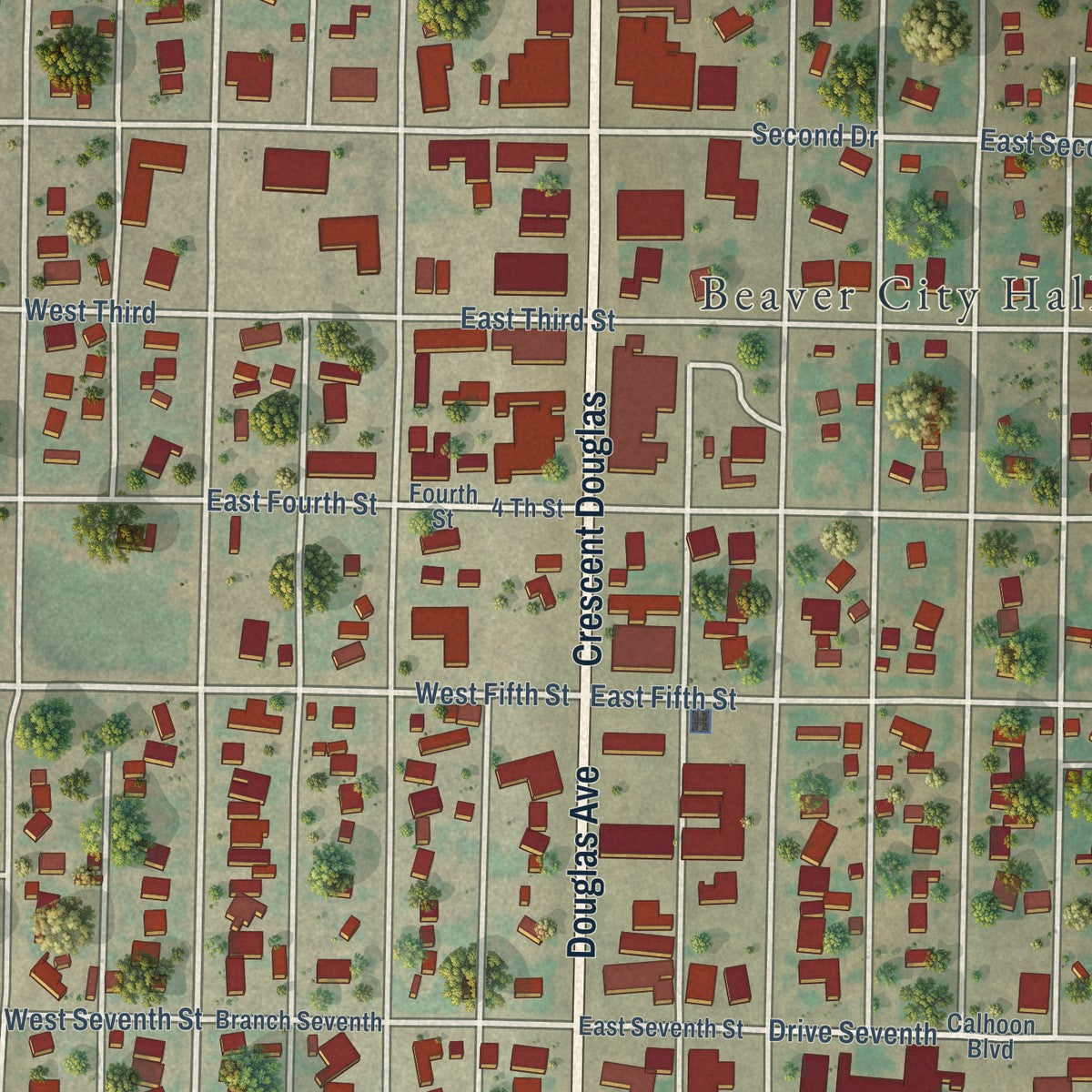Close-up of the map of Beaver, Oklahoma print showing street and building detail