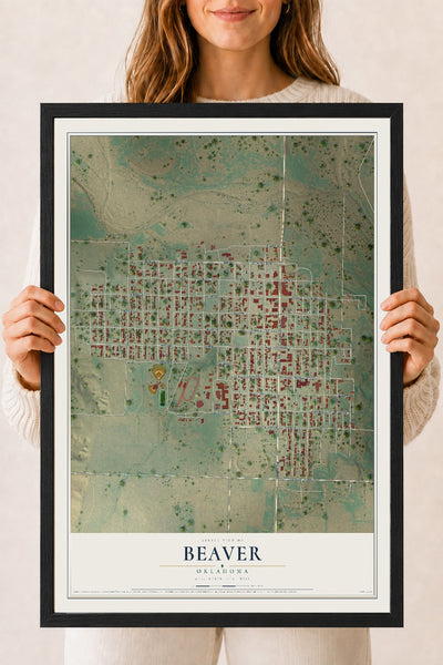 Map of Beaver, Oklahoma, 18 x 24 inch print in a black wood frame