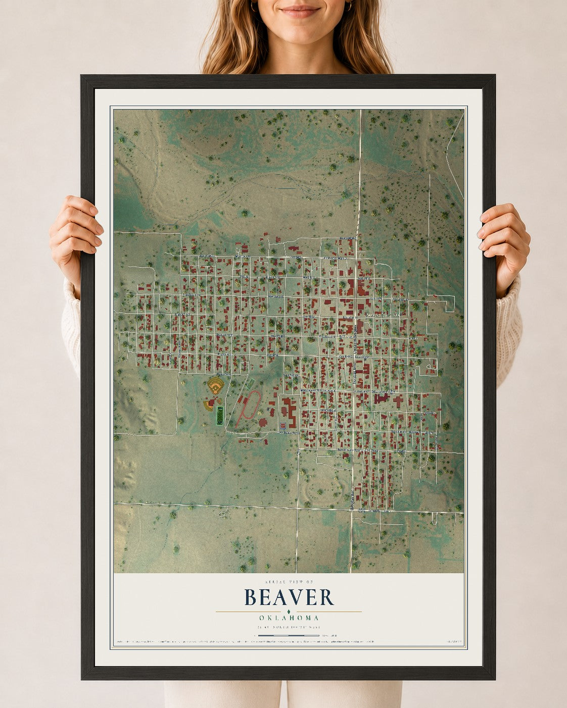 Map of Beaver, Oklahoma, 24 x 36 inch print in a black wood frame