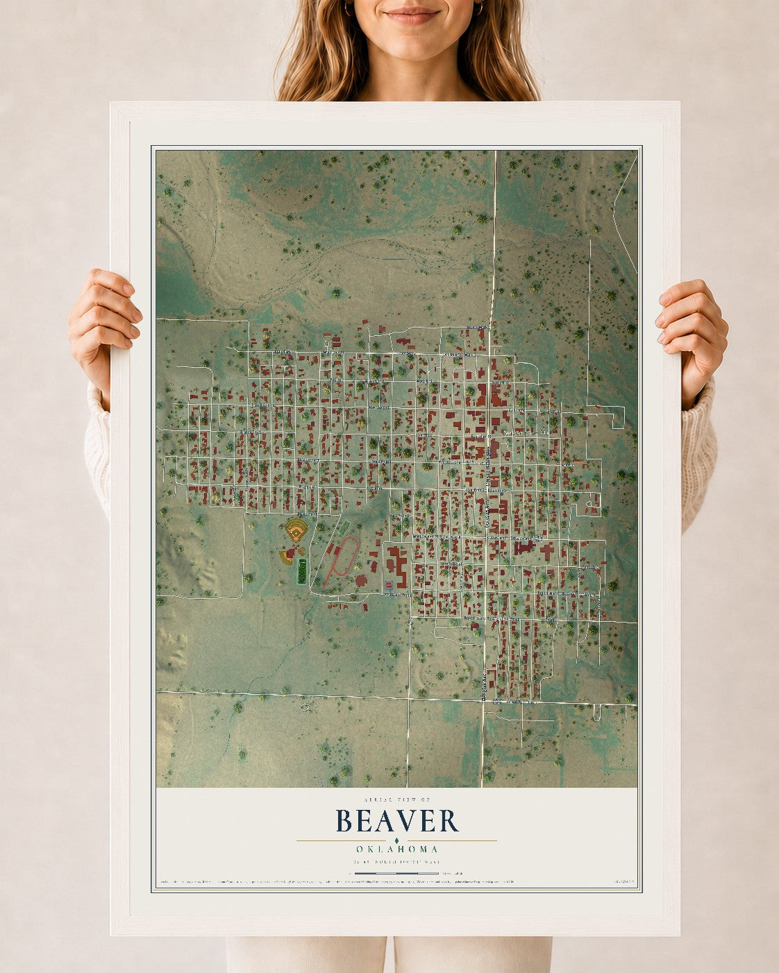 Map of Beaver, Oklahoma, 24 x 36 inch print in a white wood frame