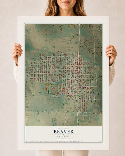 Map of Beaver, Oklahoma, 24 x 36 inch print in a white wood frame
