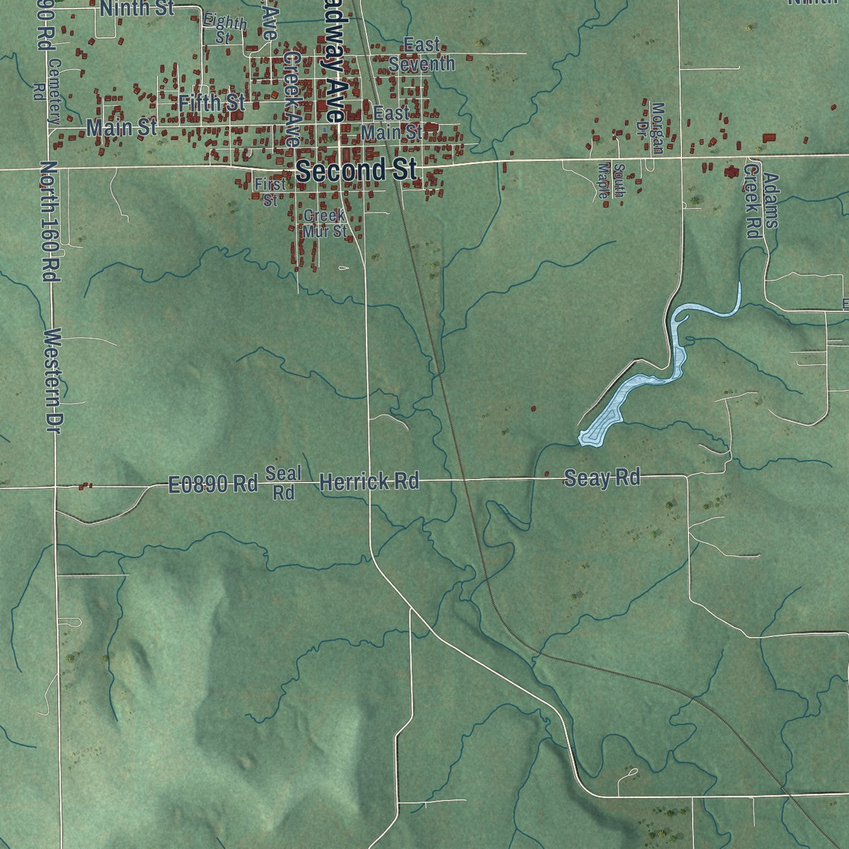 Close-up of the map of Beggs, Oklahoma print showing street and building detail