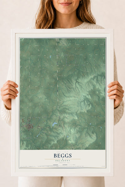 Map of Beggs, Oklahoma, 18 x 24 inch print in a white wood frame
