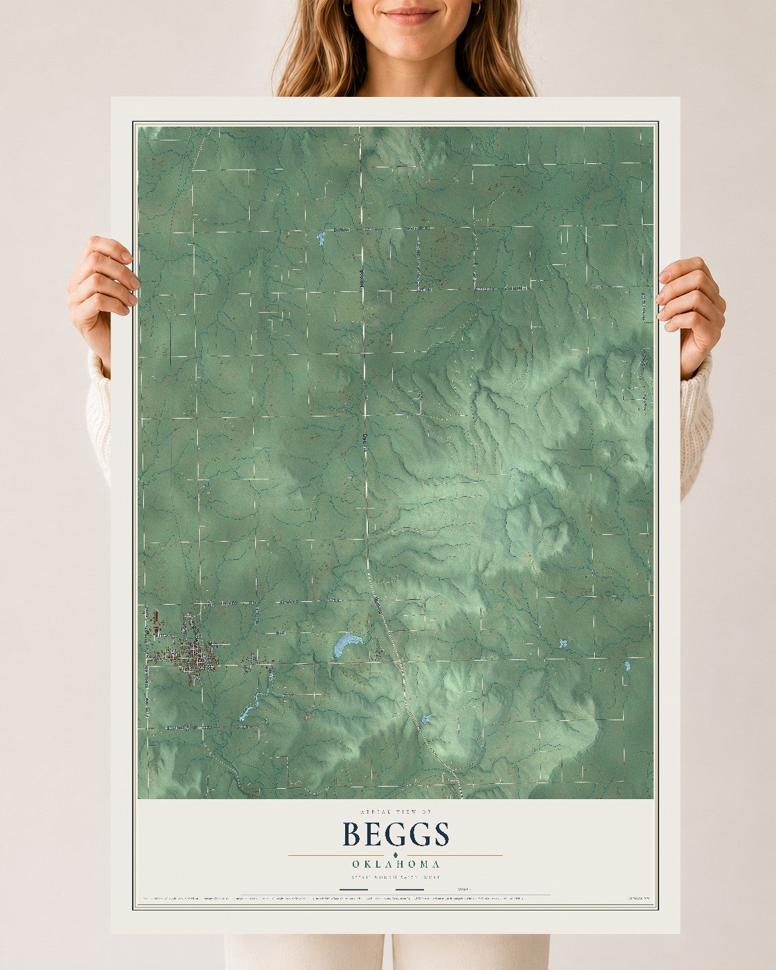 Map of Beggs, Oklahoma, 24 x 36 inch unframed archival matte print