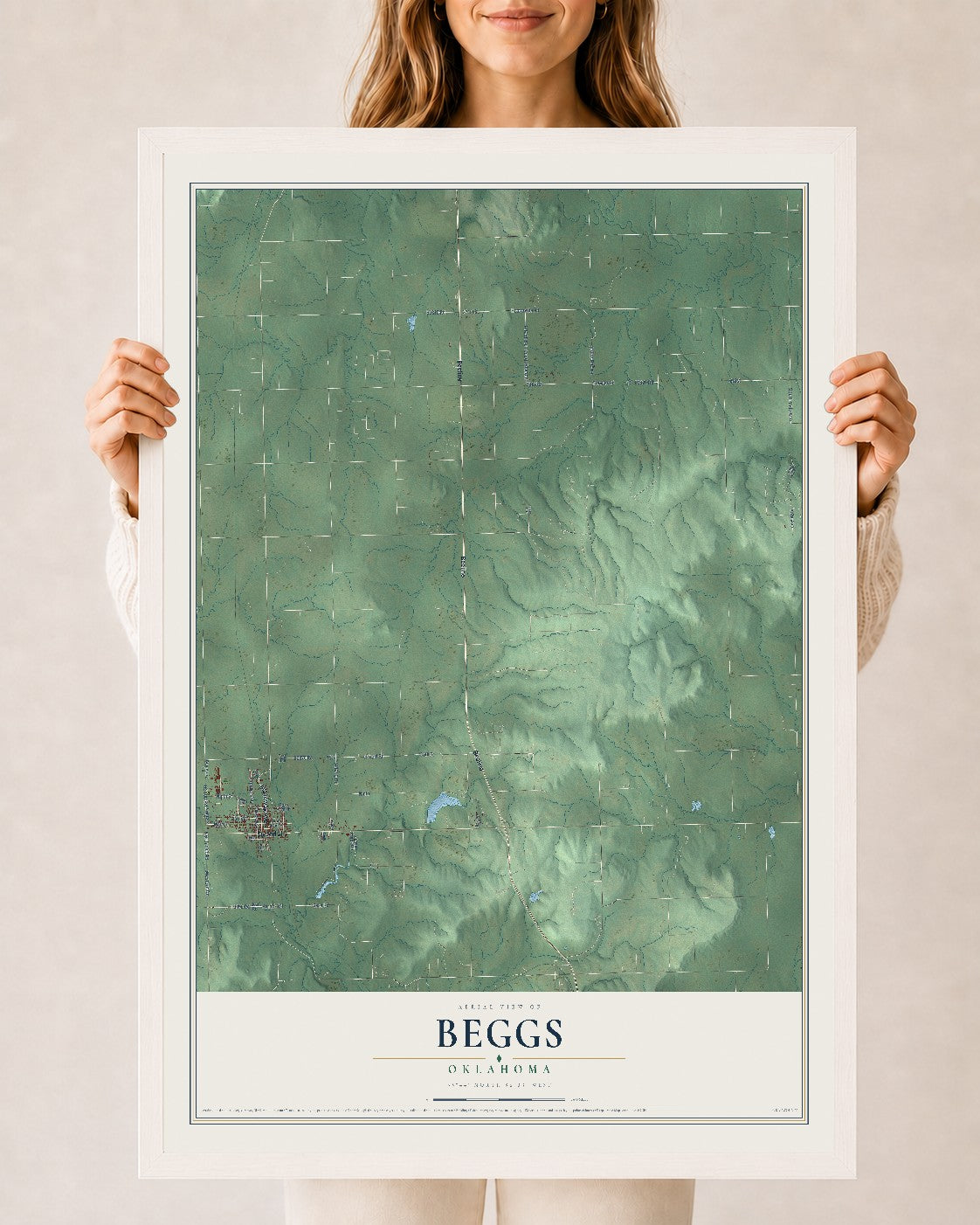Map of Beggs, Oklahoma, 24 x 36 inch print in a white wood frame