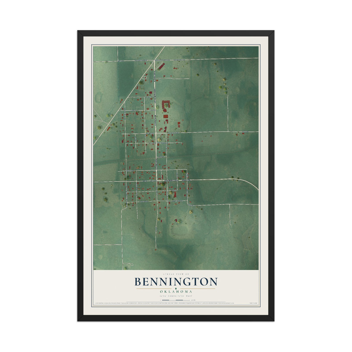 Map of Bennington, Oklahoma, 12 x 18 inch print in a black wood frame