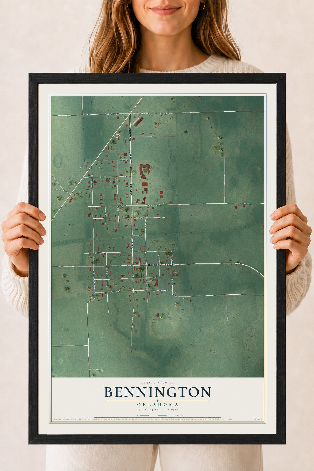 Map of Bennington, Oklahoma, 18 x 24 inch print in a black wood frame