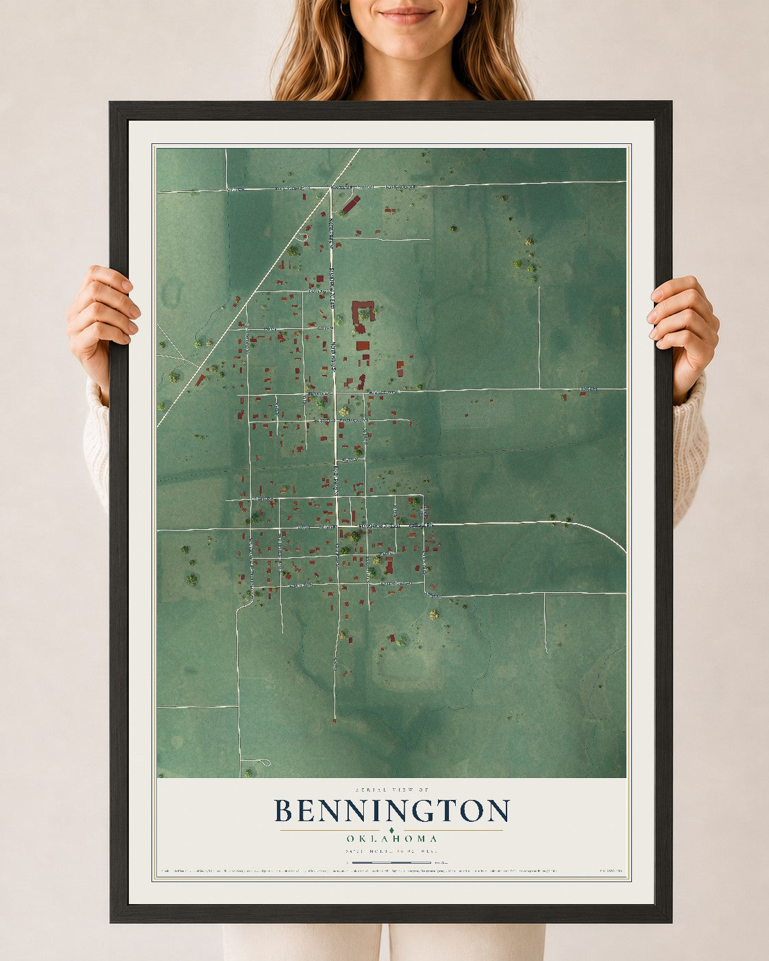 Map of Bennington, Oklahoma, 24 x 36 inch print in a black wood frame