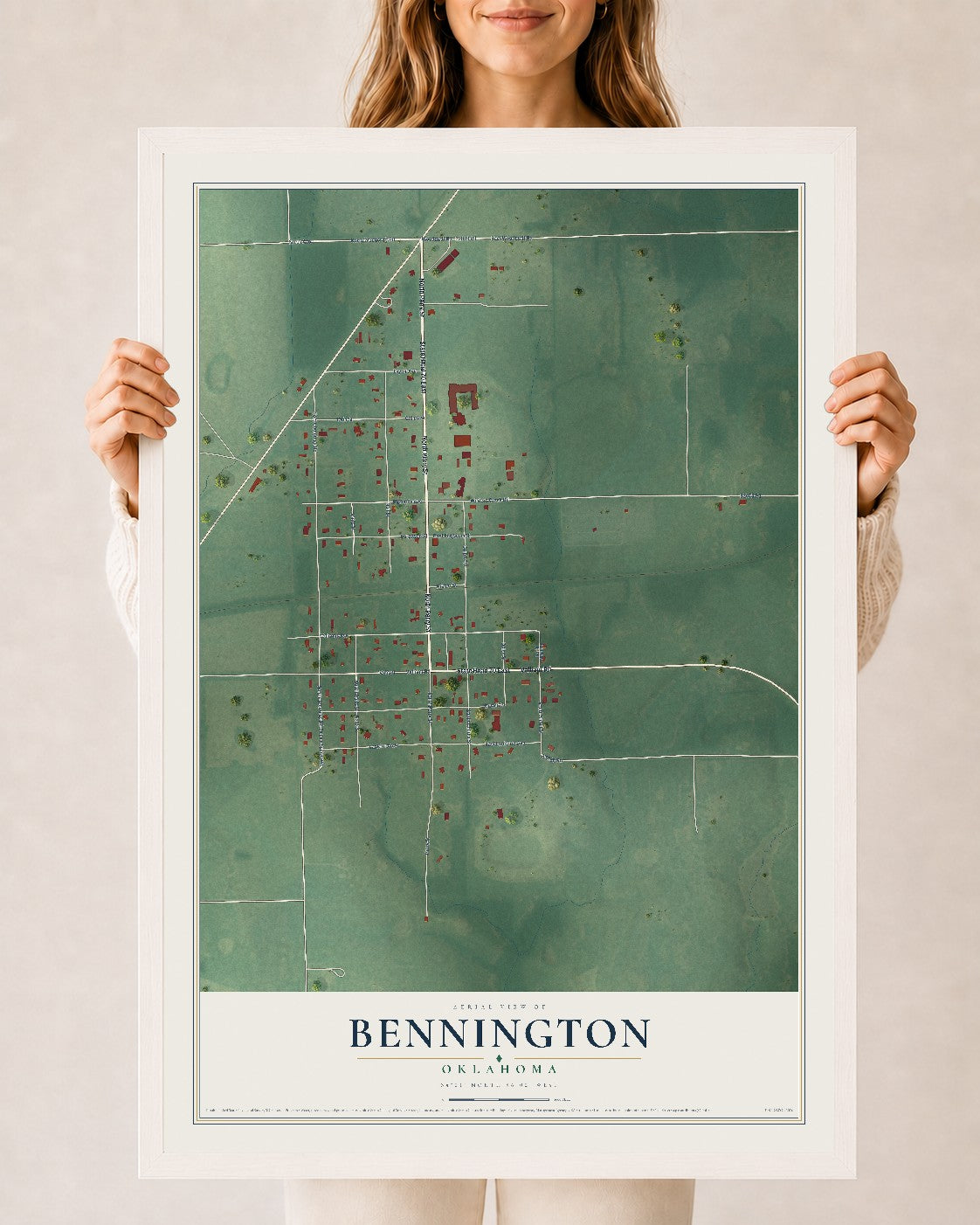 Map of Bennington, Oklahoma, 24 x 36 inch print in a white wood frame