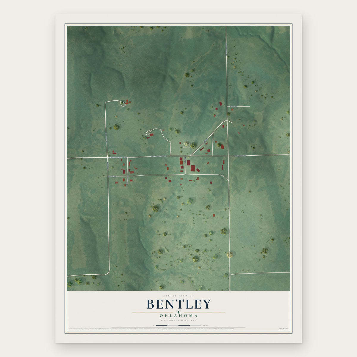 Bentley, Oklahoma map print, the full design
