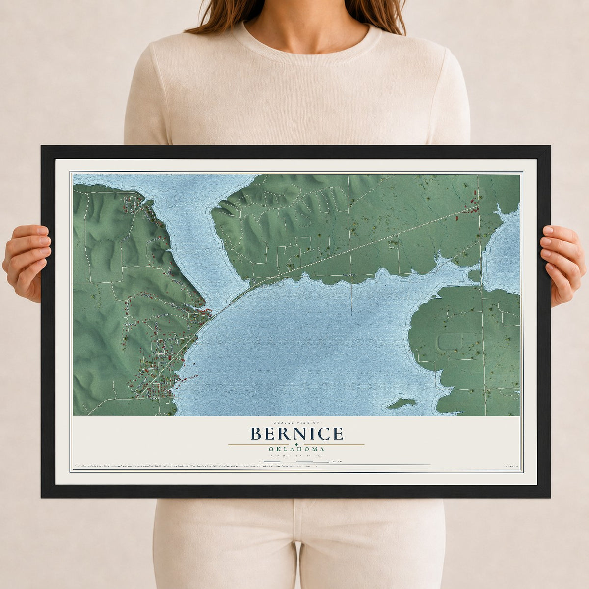 Map of Bernice, Oklahoma, 12 x 18 inch print in a black wood frame