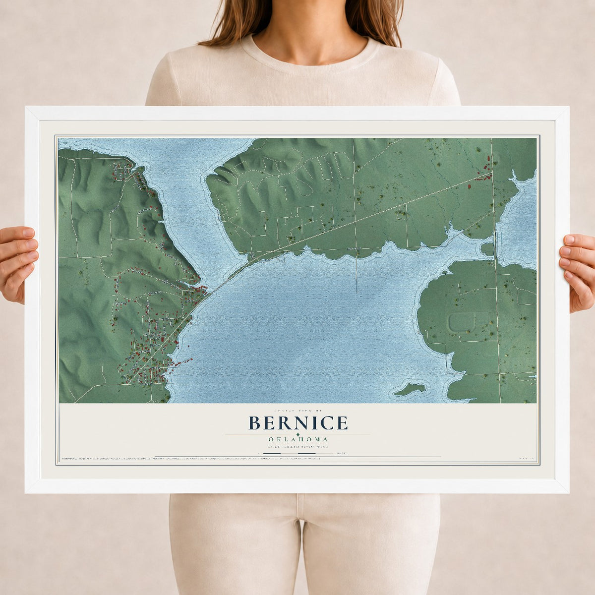 Map of Bernice, Oklahoma, 18 x 24 inch print in a white wood frame