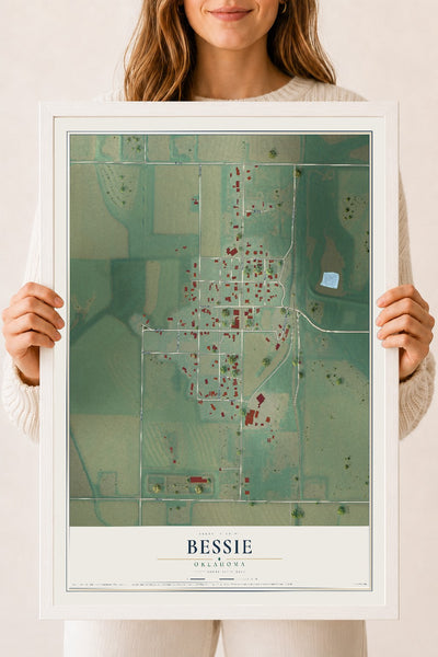 Map of Bessie, Oklahoma, 18 x 24 inch print in a white wood frame