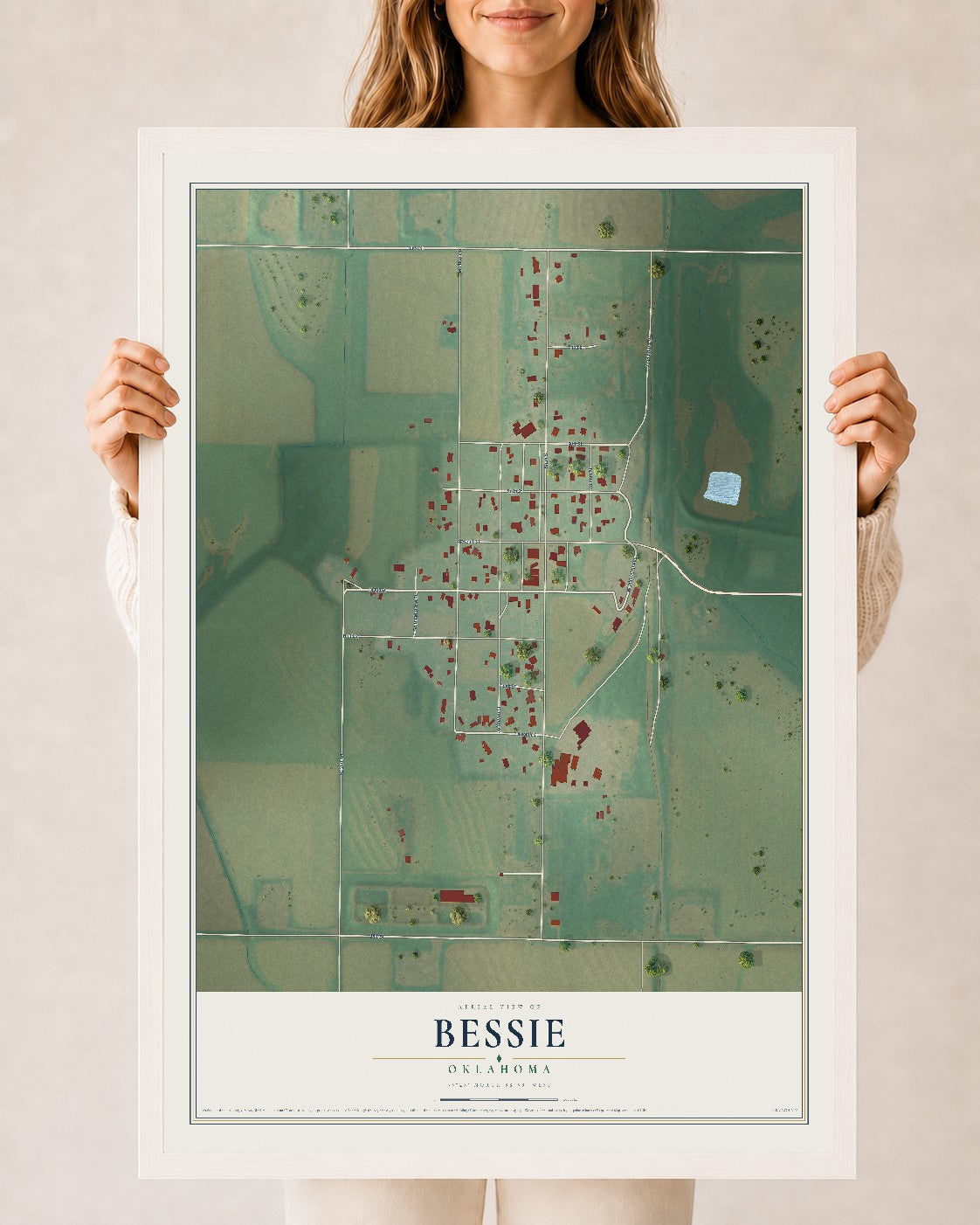 Map of Bessie, Oklahoma, 24 x 36 inch print in a white wood frame