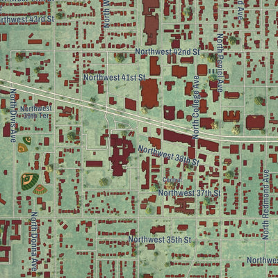 Close-up of the map of Bethany, Oklahoma print showing street and building detail