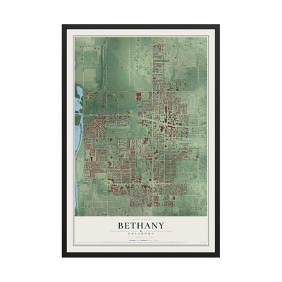 Map of Bethany, Oklahoma, 12 x 18 inch print in a black wood frame