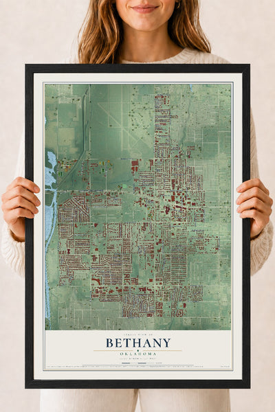 Map of Bethany, Oklahoma, 18 x 24 inch print in a black wood frame