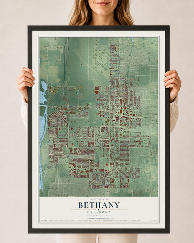Map of Bethany, Oklahoma, 24 x 36 inch print in a black wood frame