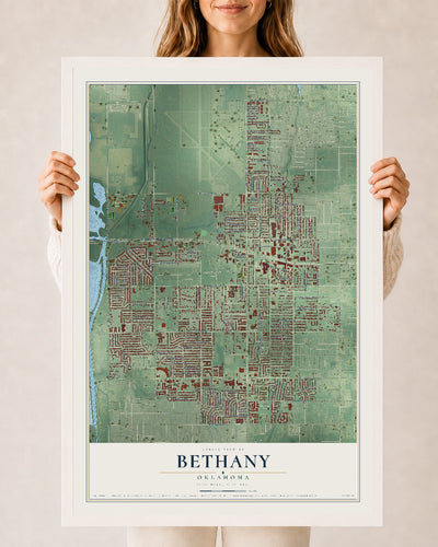 Map of Bethany, Oklahoma, 24 x 36 inch print in a white wood frame