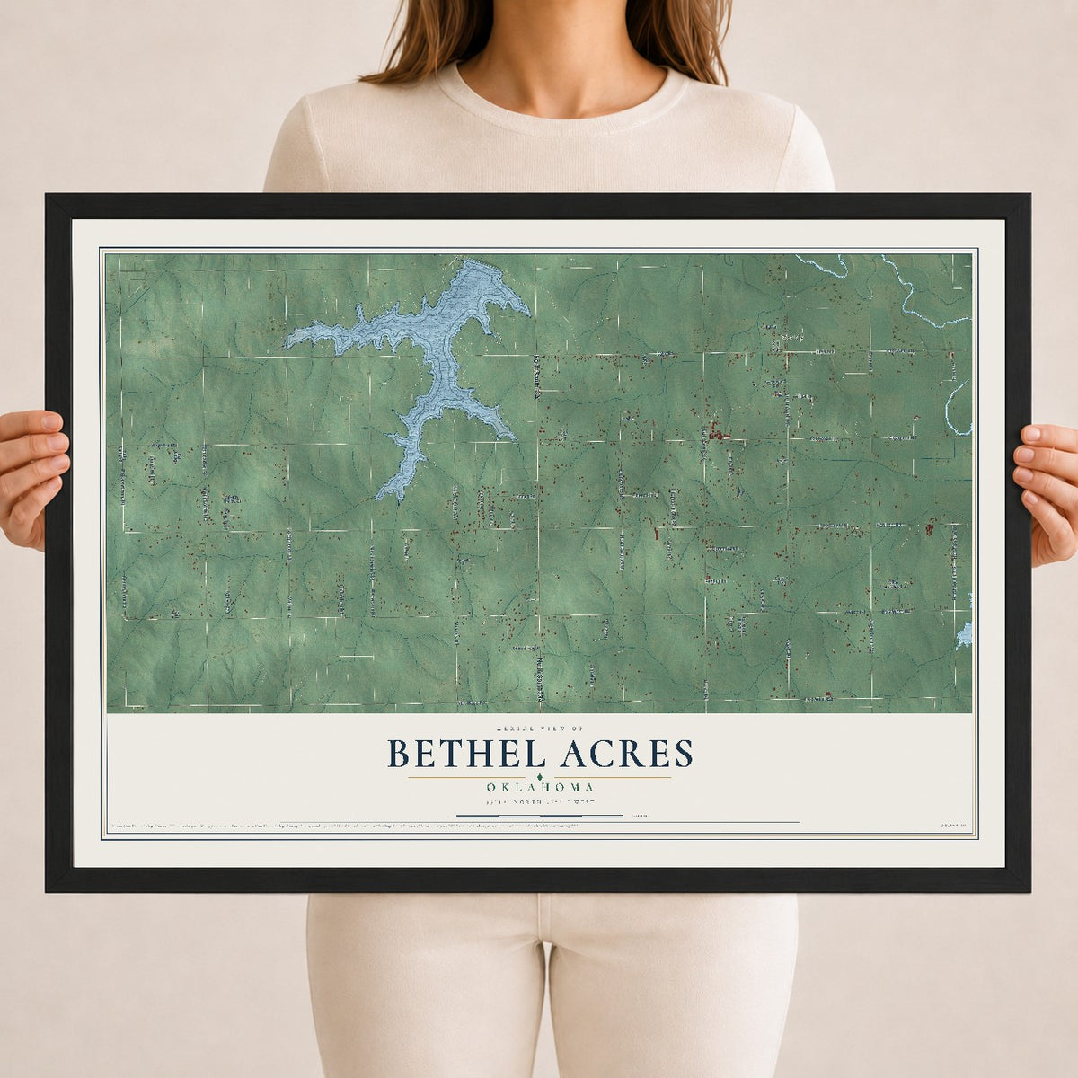 Map of Bethel Acres, Oklahoma, 18 x 24 inch print in a black wood frame