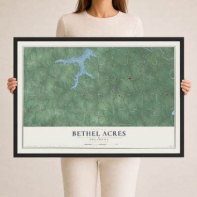 Map of Bethel Acres, Oklahoma, 24 x 36 inch print in a black wood frame