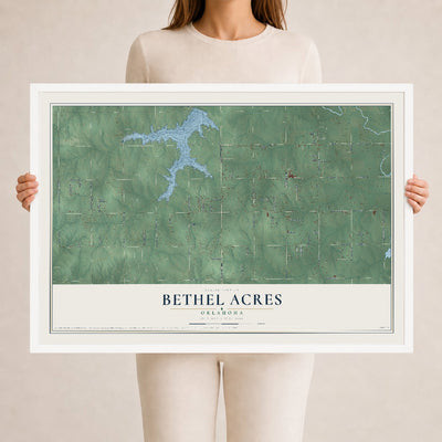 Map of Bethel Acres, Oklahoma, 24 x 36 inch print in a white wood frame