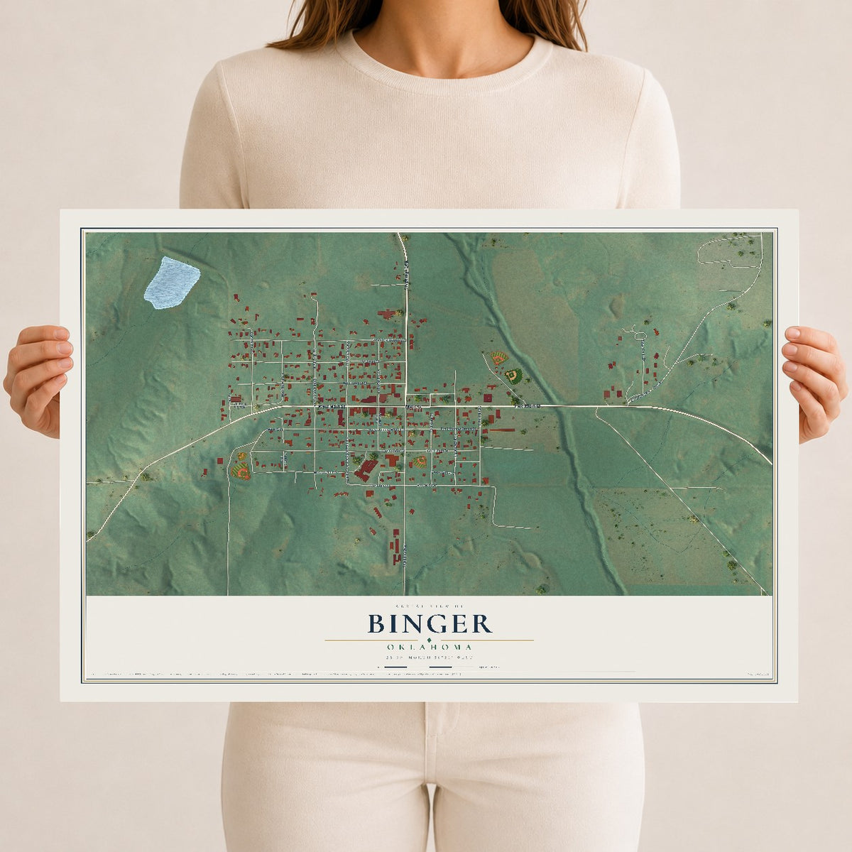Map of Binger, Oklahoma, 12 x 18 inch unframed archival matte print