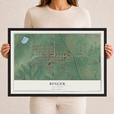 Map of Binger, Oklahoma, 12 x 18 inch print in a black wood frame