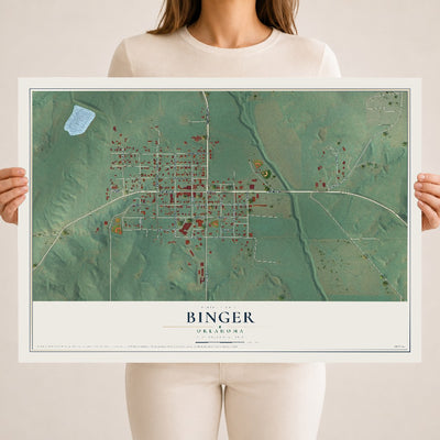 Map of Binger, Oklahoma, 18 x 24 inch unframed archival matte print