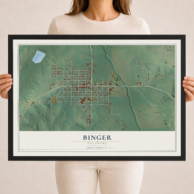 Map of Binger, Oklahoma, 18 x 24 inch print in a black wood frame
