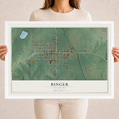 Map of Binger, Oklahoma, 18 x 24 inch print in a white wood frame