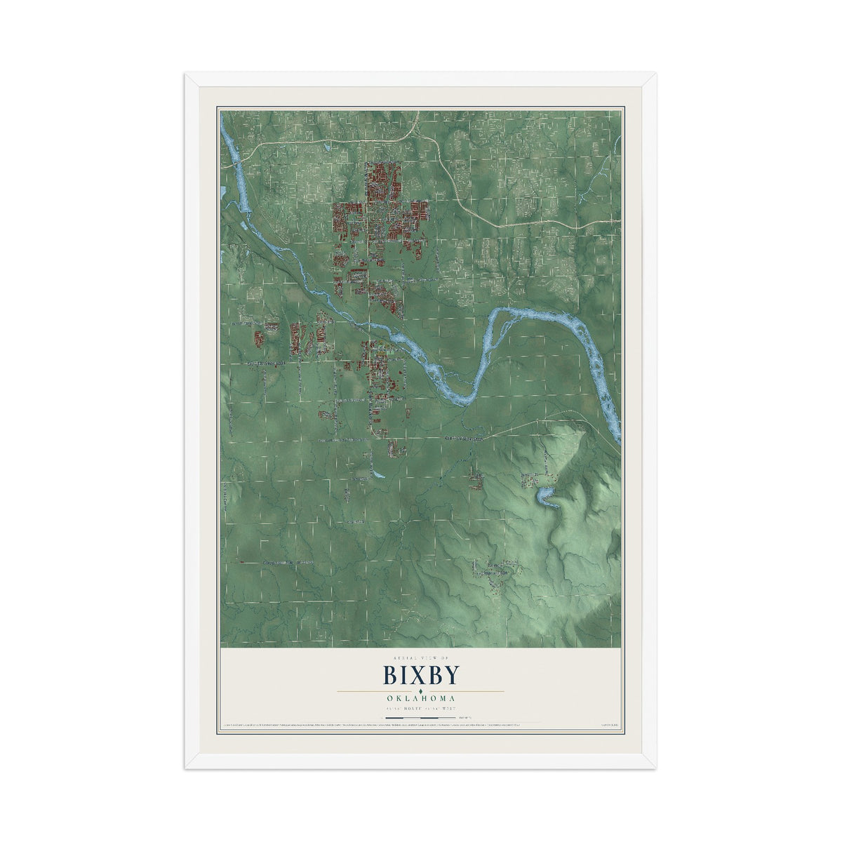 Map of Bixby, Oklahoma, 12 x 18 inch print in a white wood frame