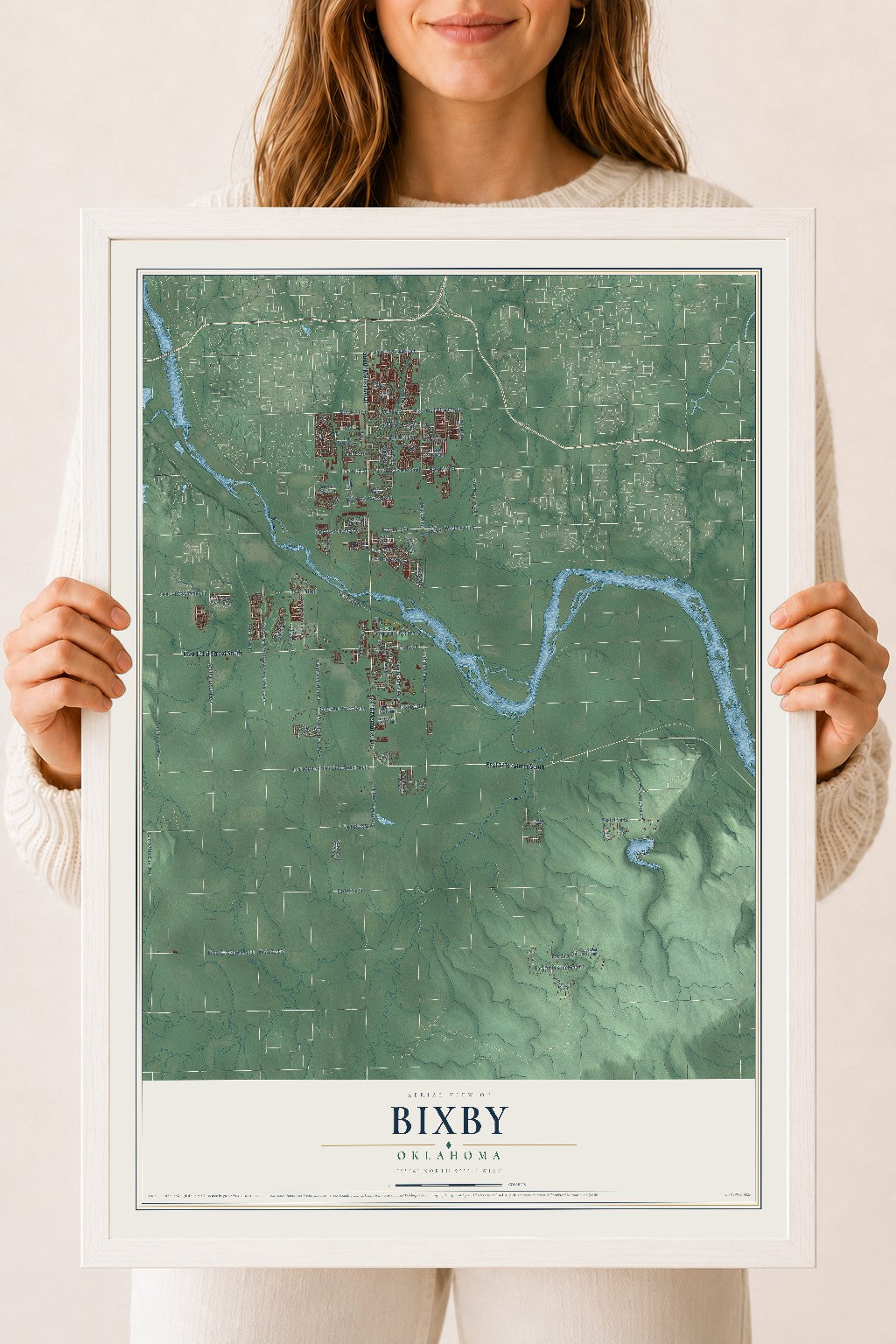 Map of Bixby, Oklahoma, 18 x 24 inch print in a white wood frame