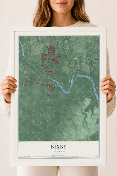 Map of Bixby, Oklahoma, 18 x 24 inch print in a white wood frame