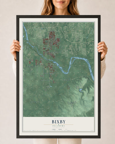 Map of Bixby, Oklahoma, 24 x 36 inch print in a black wood frame