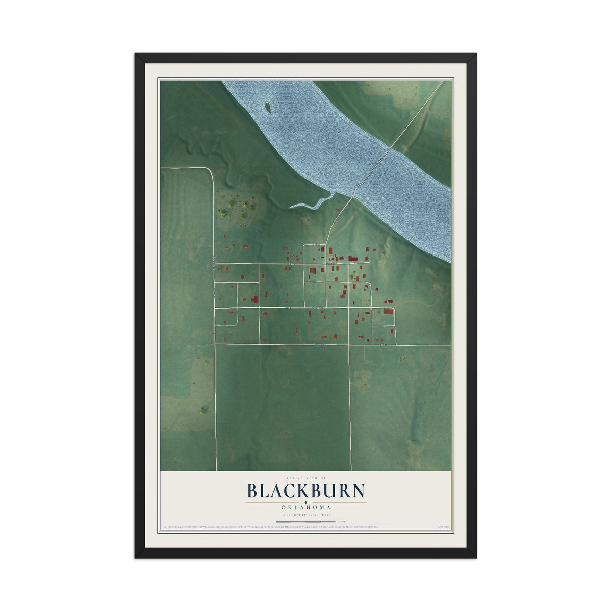 Map of Blackburn, Oklahoma, 12 x 18 inch print in a black wood frame