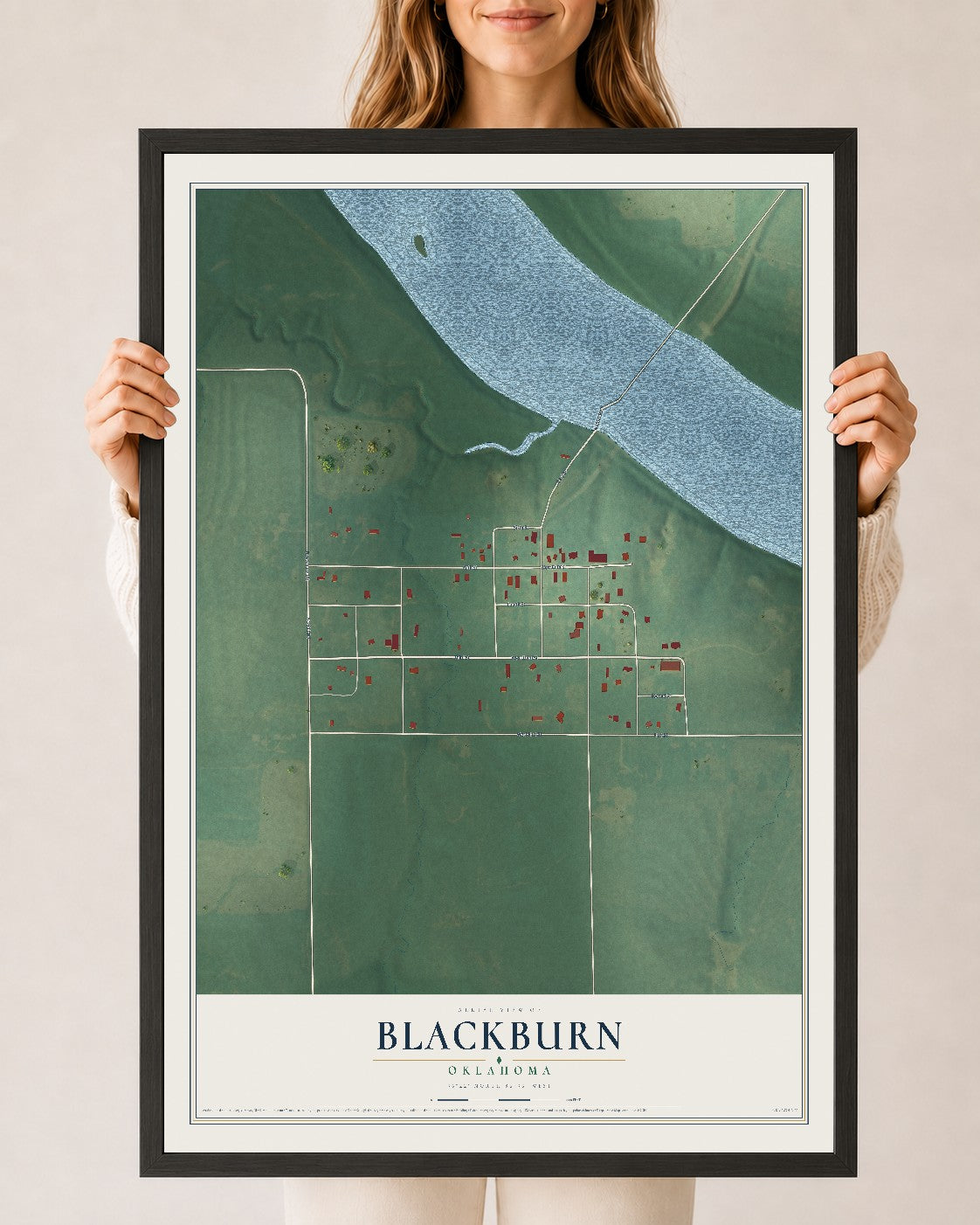 Map of Blackburn, Oklahoma, 24 x 36 inch print in a black wood frame