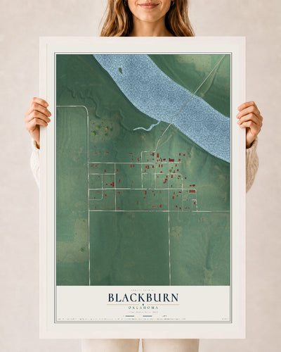 Map of Blackburn, Oklahoma, 24 x 36 inch print in a white wood frame