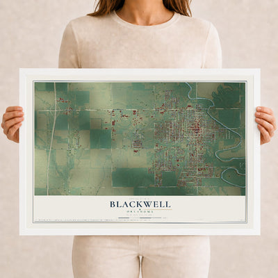 Map of Blackwell, Oklahoma, 12 x 18 inch print in a white wood frame