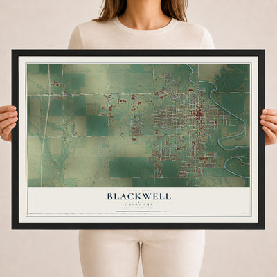 Map of Blackwell, Oklahoma, 18 x 24 inch print in a black wood frame