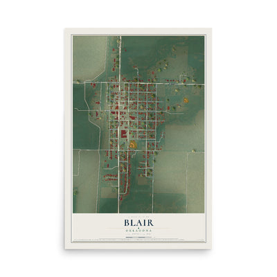 Map of Blair, Oklahoma, 12 x 18 inch unframed archival matte print