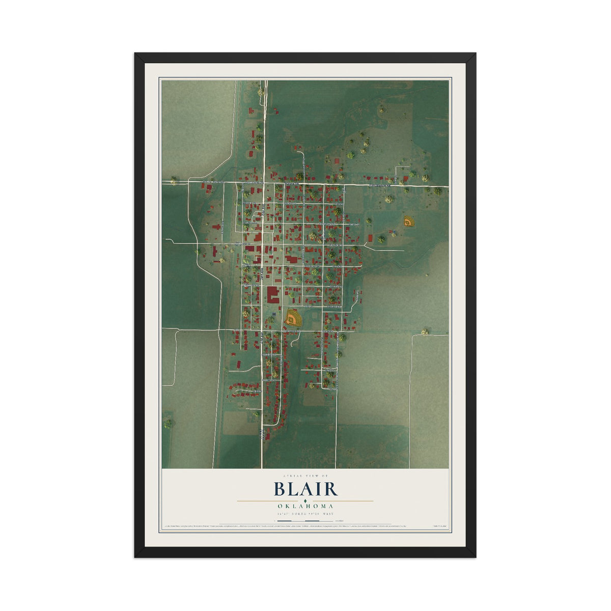 Map of Blair, Oklahoma, 12 x 18 inch print in a black wood frame