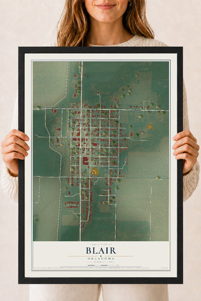 Map of Blair, Oklahoma, 18 x 24 inch print in a black wood frame