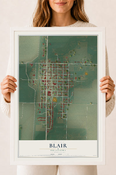 Map of Blair, Oklahoma, 18 x 24 inch print in a white wood frame