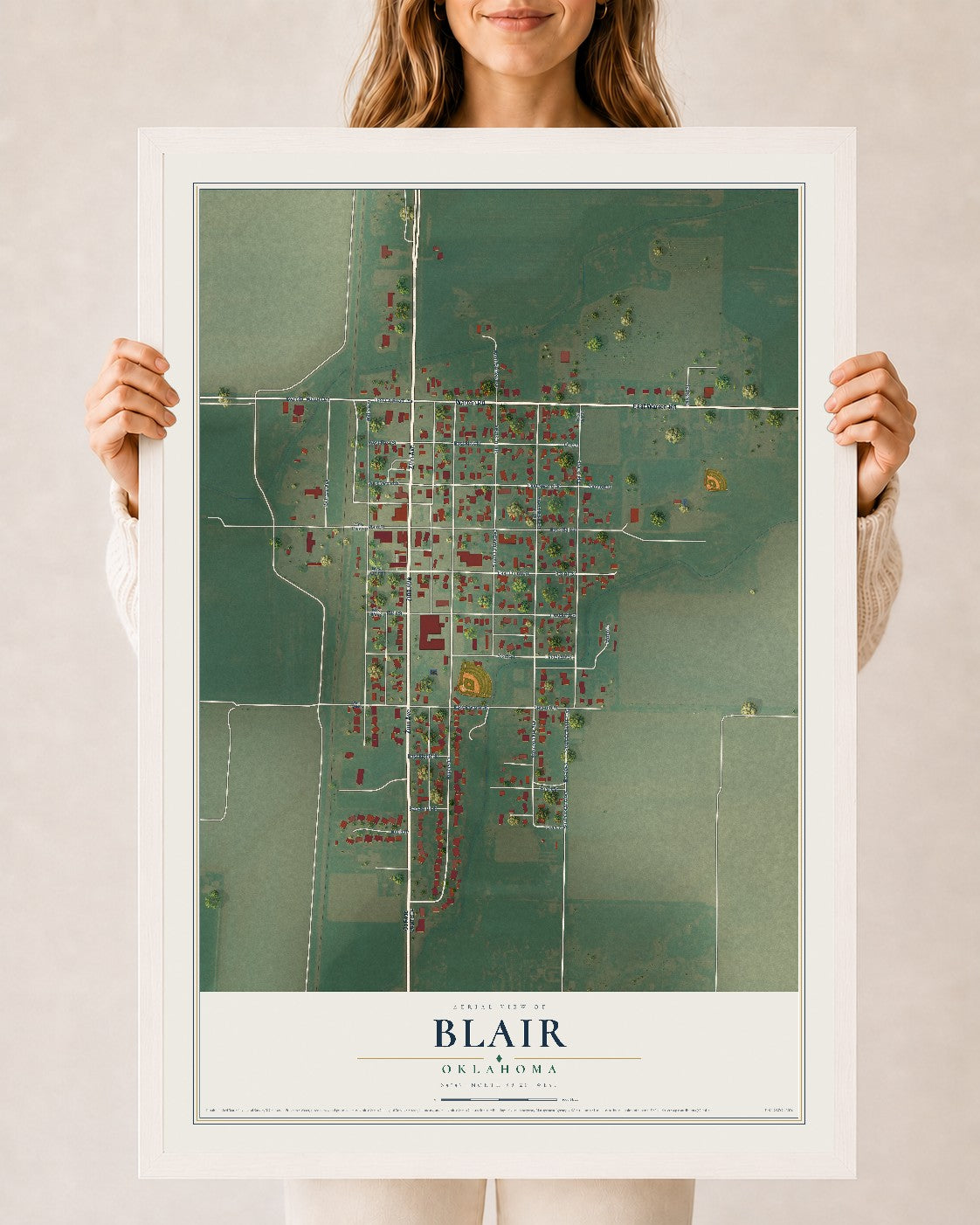 Map of Blair, Oklahoma, 24 x 36 inch print in a white wood frame