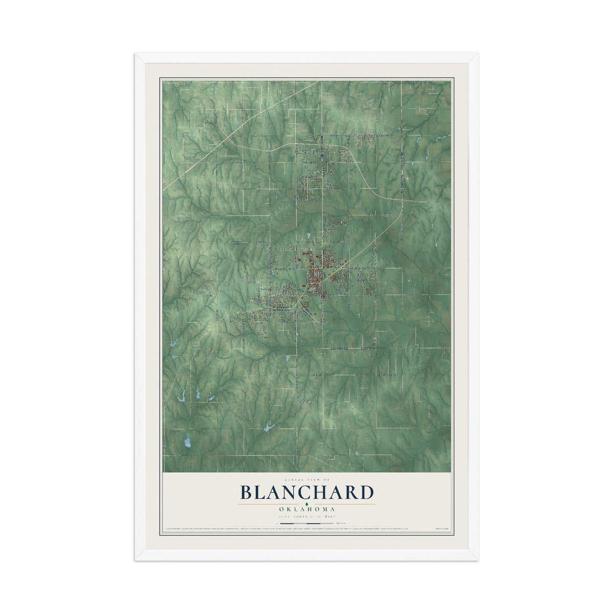 Map of Blanchard, Oklahoma, 12 x 18 inch print in a white wood frame